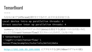 TensorBoard
ちなみに4コア(4Thread)割り当ててるので、以下の文言が出てくる
Local device intra op parallelism threads: 4
Direct session inter op parallelism threads: 4
summaryで出力したログのディレクトリ(data)を指定する(絶対パスの方が良いみた
い.ここではrootのtensorflow以下にクローンしたので、こんなパス)
$ tensorboard 
--logdir=/root/tensorflow/ 
tensorflow/examples/tutorials/mnist/data
http://192.168.99.100:6006 にアクセスする(IPはVBoxのデフォルト値)
 