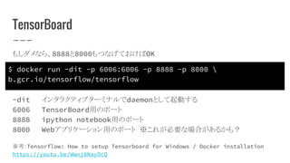 TensorBoard
$ docker run -dit -p 6006:6006 -p 8888 -p 8000 
b.gcr.io/tensorflow/tensorflow
もしダメなら、8888と8000もつなげておけばOK
-dit インタラクティブターミナルでdaemonとして起動する
6006 TensorBoard用のポート
8888 ipython notebook用のポート
8000 Webアプリケーション用のポート ※これが必要な場合があるかも？
参考：Tensorflow: How to setup Tensorboard for Windows / Docker installation
https://youtu.be/Wwnj8NayOcQ
 