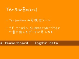 TensorBoard
・ TensorFlow の可視化ツール
・ tf.train.SummaryWriter 
で書き出したデータが見られる
# tensorboard --logdir data
 