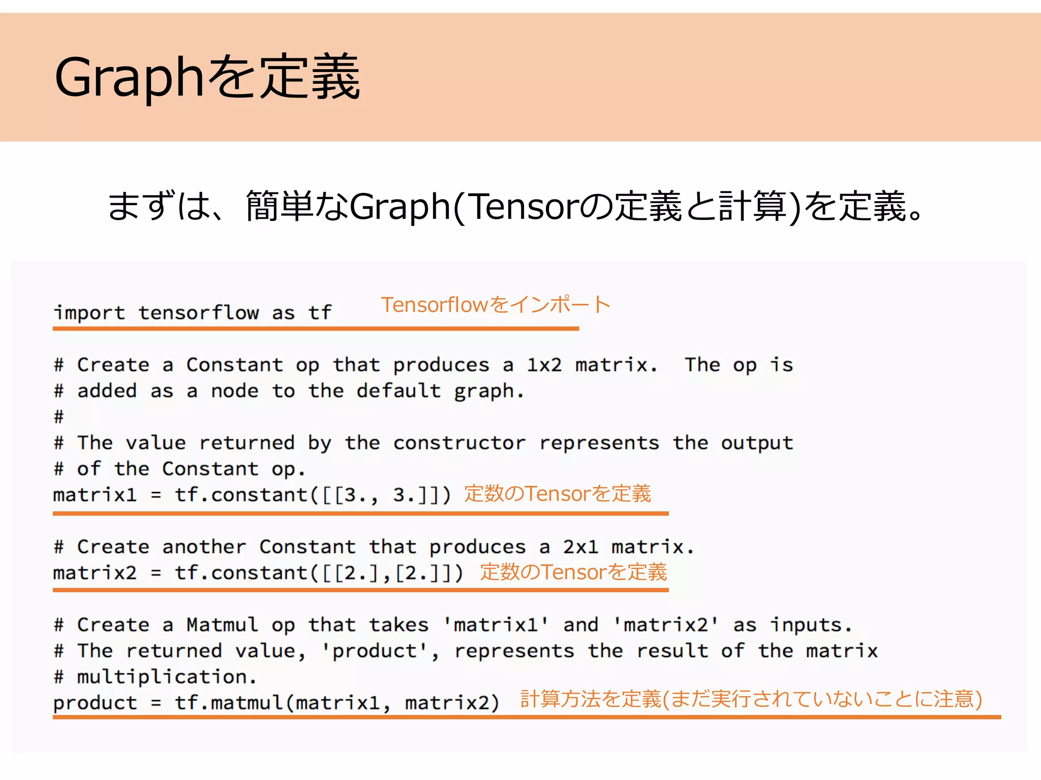 Graphを定義
まずは、簡単なGraph(Tensorの定義と計算)を定義。
Tensorflowをインポート
定数のTensorを定義
定数のTensorを定義
計算⽅法を定義(まだ実⾏されていないことに注意)
 