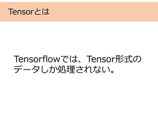 Tensorとは
Tensorflowでは、Tensor形式の
データしか処理されない。
 