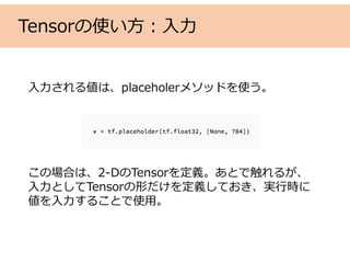 Tensorの使い⽅：⼊⼒
⼊⼒される値は、placeholerメソッドを使う。
この場合は、2-DのTensorを定義。あとで触れるが、
⼊⼒としてTensorの形だけを定義しておき、実⾏時に
値を⼊⼒することで使⽤。
 