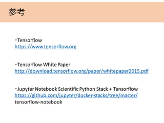 参考
・Tensorflow
https://www.tensorflow.org
・Tensorflow	White	Paper
http://download.tensorflow.org/paper/whitepaper2015.pdf
・Jupyter Notebook	Scientific	Python	Stack	+	Tensorflow
https://github.com/jupyter/docker-stacks/tree/master/
tensorflow-notebook
 