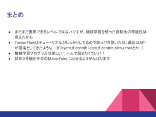 ޤȤ
 ޤޤgäǤ٥ǤϤʤǤCеѧʹäԄӻοԤ
Ҋ
 TensorFlowϥ`ȥꥢ뤬äꤷƤΤȡøפAPI
ȤƤ褦ʡtf.layers,tf.contrib.learn,tf.contrib.slim,kerasȤ
 CеѧץϘSһˤǐޤʤƤ
 ԇřCMakerFaire˳褦Фޤ
 