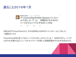i뤳ȣ꣱
rϤޤTensorFlow0.6.0ιʤbitPC˥󥹥ȩ`뤷Ƥޤ
¤r1.0.0
TensorFlowϺΤԤäƤ`ȥꥢ뤬äꤷƤ룡MNISTΥ`ȥꥢ
Юzߥ˥`ͥåȥ`ʹäJRΤ귽ܷ֤ۤ롣
 
