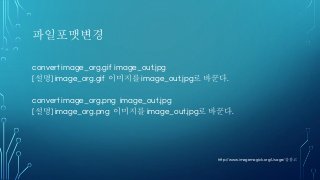 파일포맷변경
convert image_org.gif image_out.jpg
[설명] image_org.gif 이미지를 image_out.jpg로 바꾼다.
convert image_org.png image_out.jpg
[설명] image_org.png 이미지를 image_out.jpg로 바꾼다.
http://www.imagemagick.org/Usage/를 참고
 