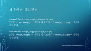 좌우반전, 상하반전
convert -flop image_org.jpg image_out.jpg
[설명] image_org.jpg 이미지를 좌우반전시켜 image_out.jpg 이미지를
생성한다.
convert -flip image_org.jpg image_out.jpg
[설명] image_org.jpg 이미지를 상하반전시켜 image_out.jpg 이미지를
생성한다.
http://www.imagemagick.org/Usage/를 참고
 