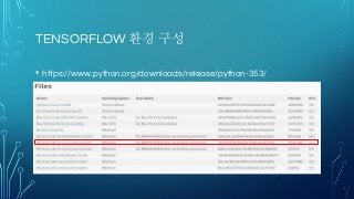 TENSORFLOW 환경 구성
• https://www.python.org/downloads/release/python-353/
 