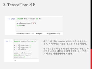 추가가 된 것은 session 이라는 것을 실행한다는
것과, 마지막에는 세션을 종료한 부분을 넣었다.
텐서플로우는 이렇게 내용의 와꾸(?)를 짜놓고, 마
지막에 스위치 버튼을 눌러서 실행을 하는 구조이
고 이것을 지연실행이라고 한다.
2. TensorFlow 기본
 