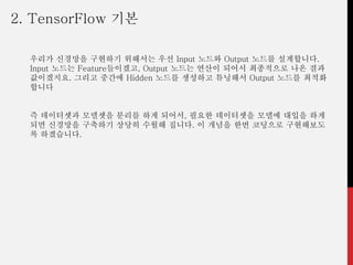 우리가 신경망을 구현하기 위해서는 우선 Input 노드와 Output 노드를 설계합니다.
Input 노드는 Feature들이겠고, Output 노드는 연산이 되어서 최종적으로 나온 결과
값이겠지요. 그리고 중간에 Hidden 노드를 생성하고 튜닝해서 Output 노드를 최적화
합니다
즉 데이터셋과 모델셋을 분리를 하게 되어서, 필요한 데이터셋을 모델에 대입을 하게
되면 신경망을 구축하기 상당히 수월해 집니다. 이 개념을 한번 코딩으로 구현해보도
록 하겠습니다.
2. TensorFlow 기본
 