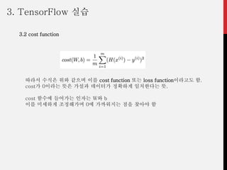 따라서 수식은 위와 같으며 이를 cost function 또는 loss function이라고도 함.
cost가 0이라는 뜻은 가설과 데이터가 정확하게 일치한다는 뜻.
cost 함수에 들어가는 인자는 W와 b
이를 미세하게 조정해가며 0에 가까워지는 점을 찾아야 함
3. TensorFlow 실습
3.2 cost function
 