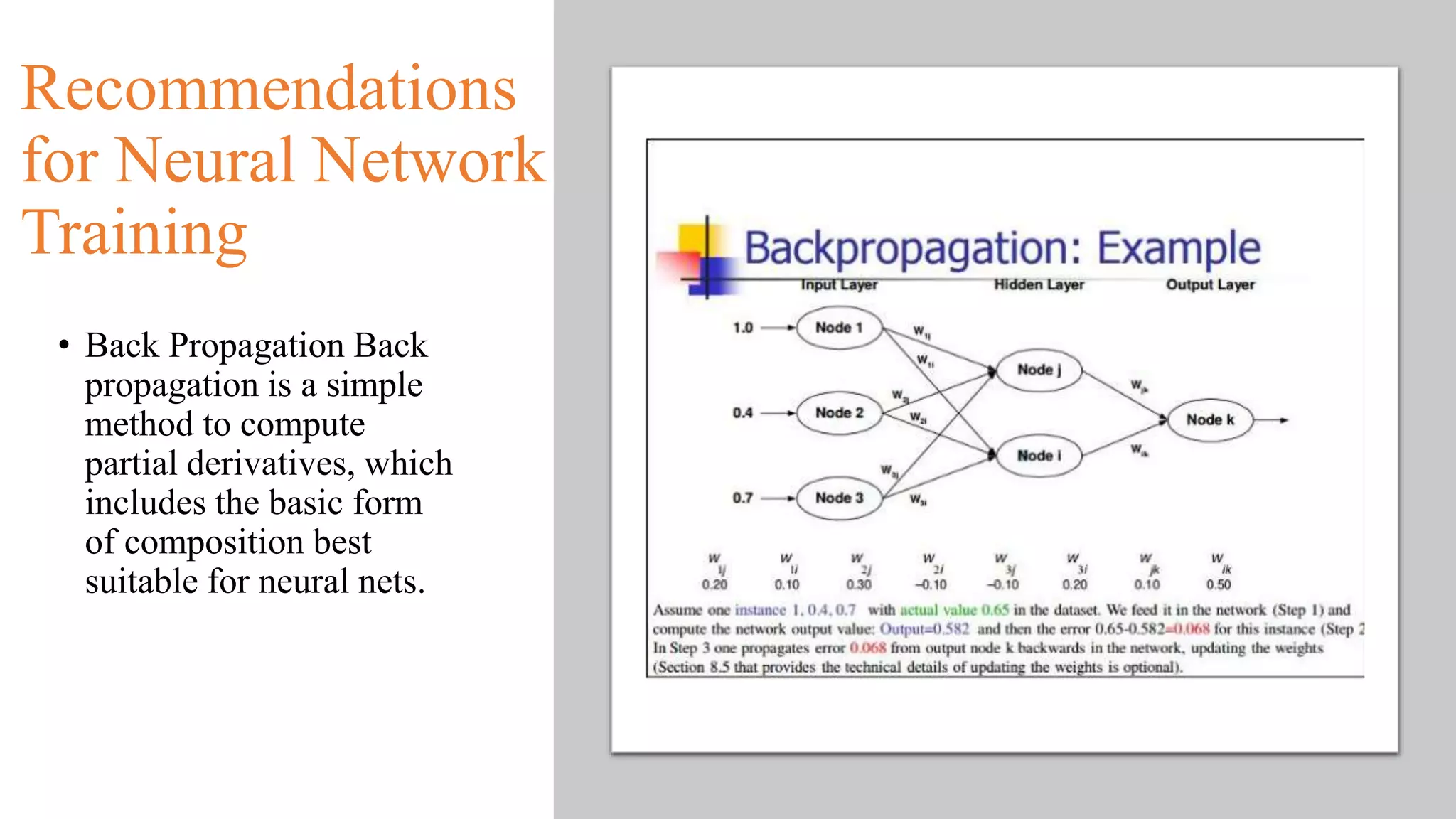 Recommendations
for Neural Network
Training
• Back Propagation Back
propagation is a simple
method to compute
partial derivatives, which
includes the basic form
of composition best
suitable for neural nets.
 