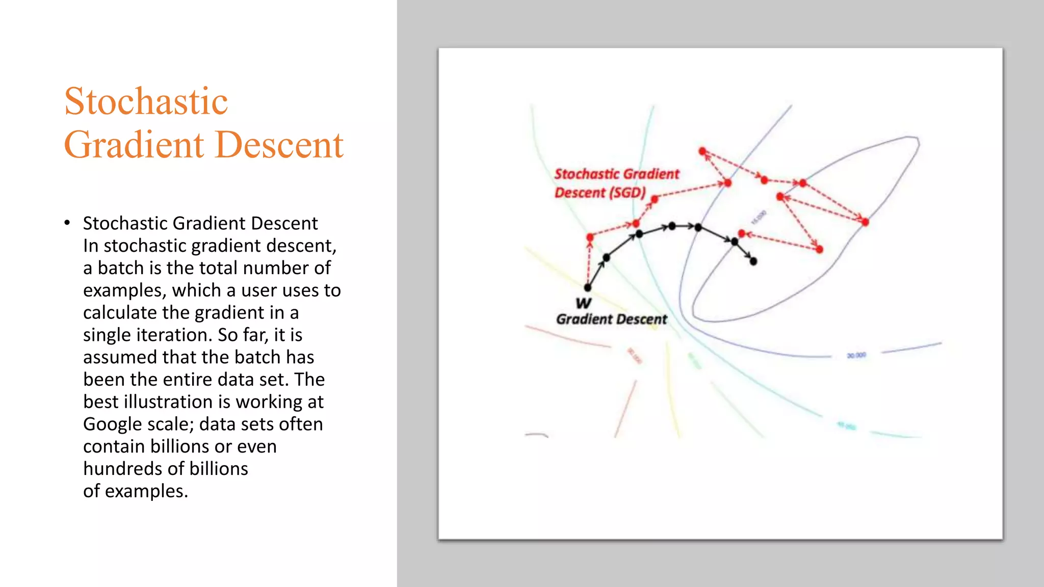 Stochastic
Gradient Descent
• Stochastic Gradient Descent
In stochastic gradient descent,
a batch is the total number of
examples, which a user uses to
calculate the gradient in a
single iteration. So far, it is
assumed that the batch has
been the entire data set. The
best illustration is working at
Google scale; data sets often
contain billions or even
hundreds of billions
of examples.
 