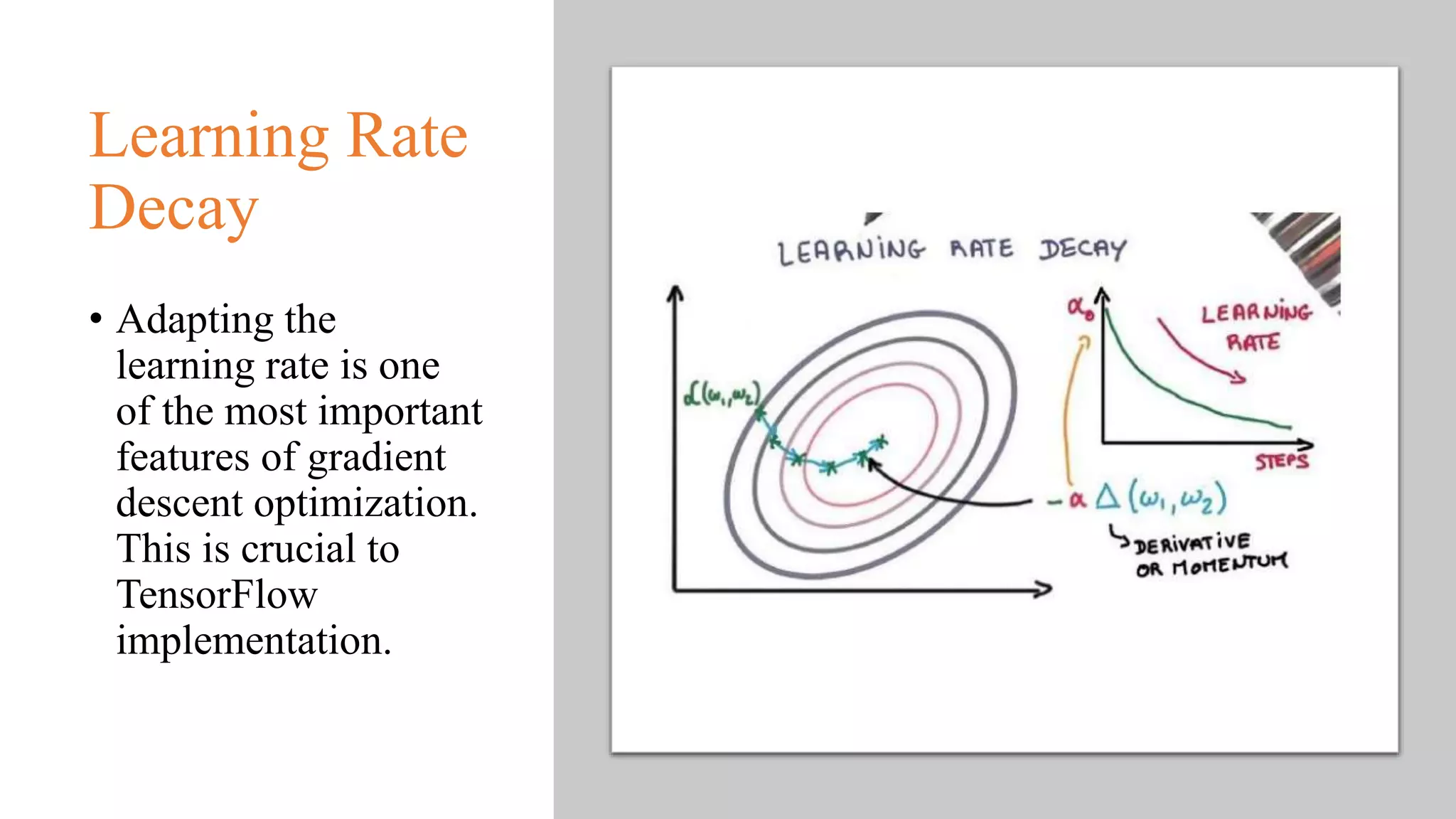 Learning Rate
Decay
• Adapting the
learning rate is one
of the most important
features of gradient
descent optimization.
This is crucial to
TensorFlow
implementation.
 