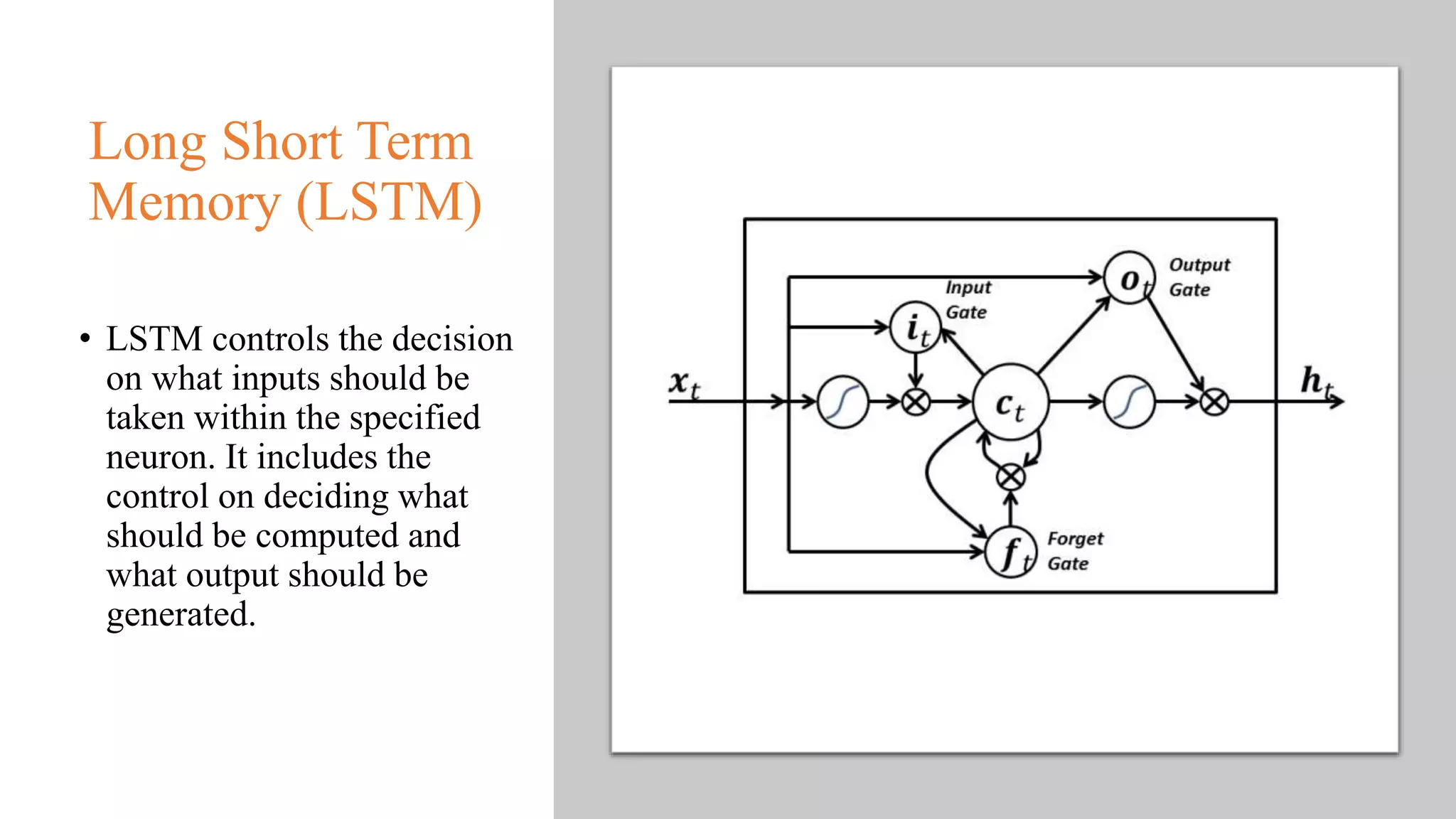 Long Short Term
Memory (LSTM)
• LSTM controls the decision
on what inputs should be
taken within the specified
neuron. It includes the
control on deciding what
should be computed and
what output should be
generated.
 