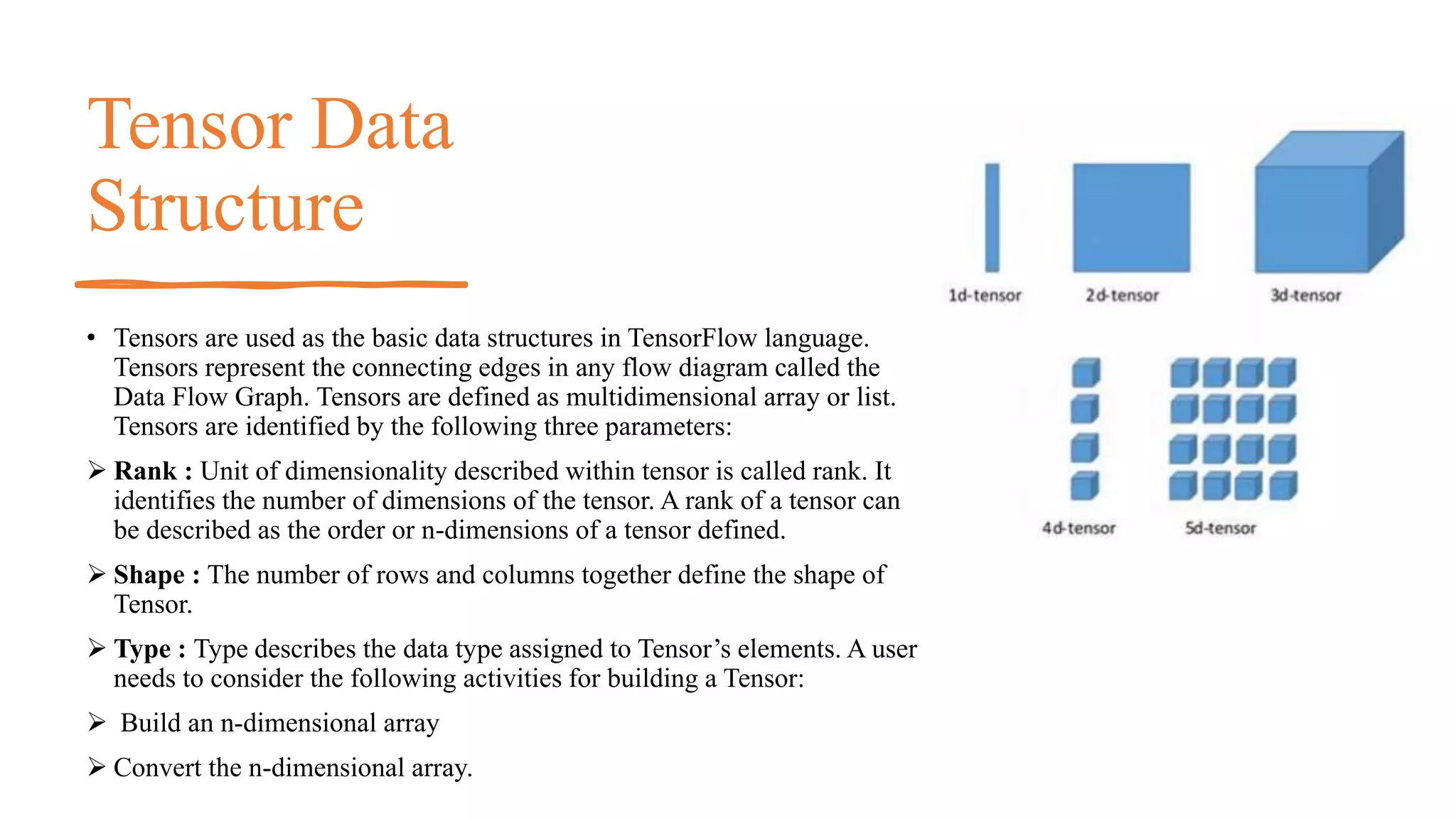 Tensor Data
Structure
• Tensors are used as the basic data structures in TensorFlow language.
Tensors represent the connecting edges in any flow diagram called the
Data Flow Graph. Tensors are defined as multidimensional array or list.
Tensors are identified by the following three parameters:
 Rank : Unit of dimensionality described within tensor is called rank. It
identifies the number of dimensions of the tensor. A rank of a tensor can
be described as the order or n-dimensions of a tensor defined.
 Shape : The number of rows and columns together define the shape of
Tensor.
 Type : Type describes the data type assigned to Tensor’s elements. A user
needs to consider the following activities for building a Tensor:
 Build an n-dimensional array
 Convert the n-dimensional array.
 