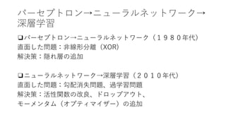 パーセプトロン→ニューラルネットワーク→
深層学習
❑パーセプトロン→ニューラルネットワーク（１９８０年代）
直面した問題：非線形分離（XOR)
解決策：隠れ層の追加
❑ニューラルネットワーク→深層学習（２０１０年代）
直面した問題：勾配消失問題、過学習問題
解決策：活性関数の改良、ドロップアウト、
モーメンタム（オプティマイザー）の追加
 