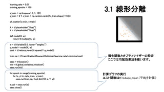 learning_rate = 0.01
training_epochs = 100
x_train = np.linspace(-1, 1, 101)
y_train = 2 * x_train + np.random.randn(*x_train.shape) * 0.33
plt.scatter(x_train, y_train)
X = tf.placeholder("float")
Y = tf.placeholder("float")
def model(X, w):
return tf.multiply(X, w)
w = tf.Variable(0.0, name="weights")
y_model = model(X, w)
cost = tf.reduce_mean(tf.square(Y-y_model))
train_op = tf.train.GradientDescentOptimizer(learning_rate).minimize(cost)
sess = tf.Session()
init = tf.global_variables_initializer()
sess.run(init)
for epoch in range(training_epochs):
for (x, y) in zip(x_train, y_train):
sess.run(train_op, feed_dict={X: x, Y: y})
w_val = sess.run(w)
sess.close()
損失関数とオプティマイザーの設定
ここでは勾配効果法を使います。
計算グラフの実行
コスト関数はtf.reduce_mean（平均を計算）
3.1 線形分離
 