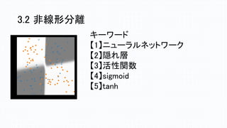3.2 非線形分離
キーワード
【1】ニューラルネットワーク
【2】隠れ層
【3】活性関数
【4】sigmoid
【5】tanh
 