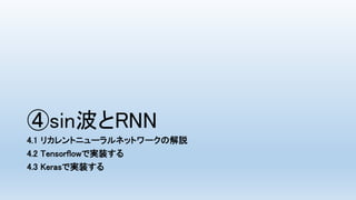 ④sin波とRNN
4.1 リカレントニューラルネットワークの解説
4.2 Tensorflowで実装する
4.3 Kerasで実装する
 