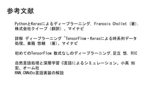 PythonとKerasによるディープラーニング, Francois Chollet (著),
株式会社クイープ（翻訳）、マイナビ
詳解 ディープラーニング ~TensorFlow・Kerasによる時系列データ
処理、巣籠 悠輔 (著)、マイナビ
初めてのTensorFlow 数式なしのディープラーニング,足立 悠, RIC
自然言語処理と深層学習 C言語によるシミュレーション、小高 知
宏、オーム社
RNN,CNNのc言語実装の解説
参考文献
 