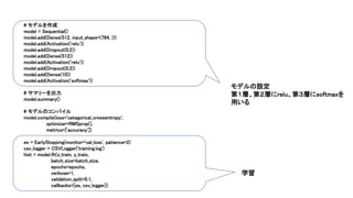 # モデルを作成
model = Sequential()
model.add(Dense(512, input_shape=(784, )))
model.add(Activation('relu'))
model.add(Dropout(0.2))
model.add(Dense(512))
model.add(Activation('relu'))
model.add(Dropout(0.2))
model.add(Dense(10))
model.add(Activation('softmax'))
# サマリーを出力
model.summary()
# モデルのコンパイル
model.compile(loss='categorical_crossentropy',
optimizer=RMSprop(),
metrics=['accuracy'])
es = EarlyStopping(monitor='val_loss', patience=2)
csv_logger = CSVLogger('training.log')
hist = model.fit(x_train, y_train,
batch_size=batch_size,
epochs=epochs,
verbose=1,
validation_split=0.1,
callbacks=[es, csv_logger])
モデルの設定
第１層、第２層にrelu、第３層にsoftmaxを
用いる
学習
 