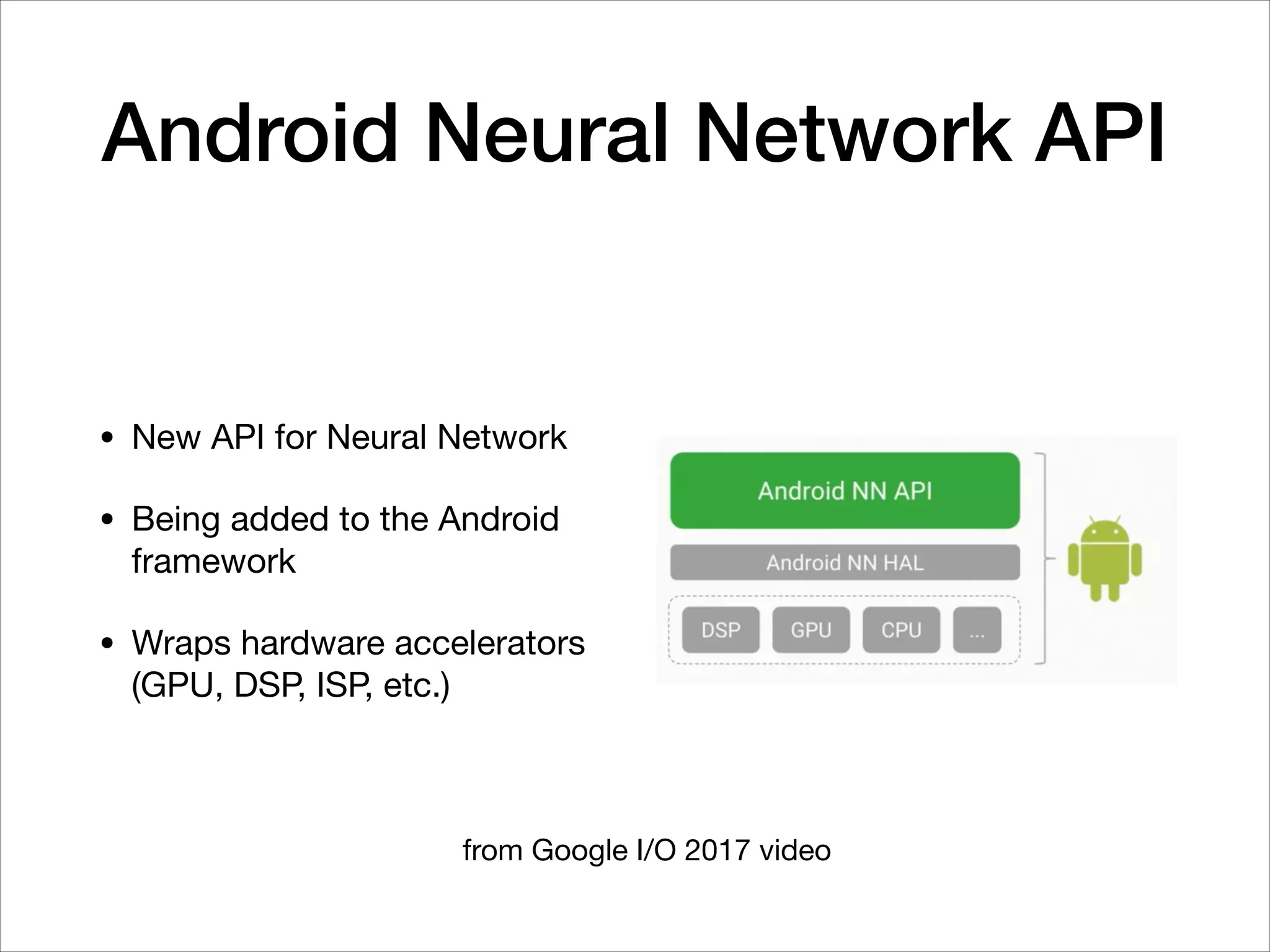 Android Neural Network API
• New API for Neural Network

• Being added to the Android
framework

• Wraps hardware accelerators
(GPU, DSP, ISP, etc.)
from Google I/O 2017 video
 