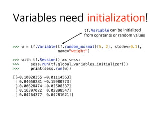 >>> w = tf.Variable(tf.random_normal([5, 2], stddev=0.1),  
name="weight")
>>> with tf.Session() as sess:
>>> sess.run(tf.global_variables_initializer())
>>> print(sess.run(w)) 
[[-0.10020355 -0.01114563]
[ 0.04050281 -0.15980773]
[-0.00628474 -0.02608337]
[ 0.16397022 0.02898547]
[ 0.04264377 0.04281621]]
tf.Variable  
 