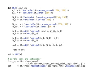 def MLP(inputs):
W_1 = tf.Variable(tf.random_normal([784, 256]))
b_1 = tf.Variable(tf.zeros([256]))
W_2 = tf.Variable(tf.random_normal([256, 256]))
b_2 = tf.Variable(tf.zeros([256]))
W_out = tf.Variable(tf.random_normal([256, 10]))
b_out = tf.Variable(tf.zeros([10]))
h_1 = tf.add(tf.matmul(inputs, W_1), b_1)
h_1 = tf.nn.relu(h_1)
h_2 = tf.add(tf.matmul(h_1, W_2), b_2)
h_2 = tf.nn.relu(h_2)
out = tf.add(tf.matmul(h_2, W_out), b_out)
return out
net = MLP(x)
# define loss and optimizer
loss_op = tf.reduce_mean(
tf.nn.softmax_cross_entropy_with_logits(net, y))
opt = tf.train.AdamOptimizer(learning_rate).minimize(loss_op)
 