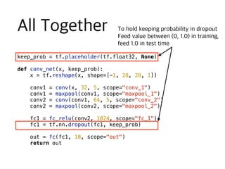 keep_prob = tf.placeholder(tf.float32, None)
def conv_net(x, keep_prob):
x = tf.reshape(x, shape=[-1, 28, 28, 1])
conv1 = conv(x, 32, 5, scope="conv_1")
conv1 = maxpool(conv1, scope="maxpool_1")
conv2 = conv(conv1, 64, 5, scope="conv_2")
conv2 = maxpool(conv2, scope="maxpool_2")
fc1 = fc_relu(conv2, 1024, scope="fc_1")
fc1 = tf.nn.dropout(fc1, keep_prob)
out = fc(fc1, 10, scope="out")
return out
 
