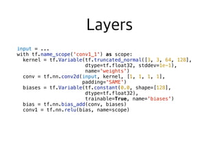 input = ...
with tf.name_scope('conv1_1') as scope:
kernel = tf.Variable(tf.truncated_normal([3, 3, 64, 128],
dtype=tf.float32, stddev=1e-1),
name='weights')
conv = tf.nn.conv2d(input, kernel, [1, 1, 1, 1],
padding='SAME')
biases = tf.Variable(tf.constant(0.0, shape=[128],
dtype=tf.float32),
trainable=True, name='biases')
bias = tf.nn.bias_add(conv, biases)
conv1 = tf.nn.relu(bias, name=scope)
 