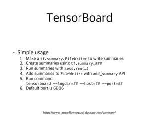 tf.summary.FileWriter
tf.summary.###
sess.run(…)
FileWriter add_summary
 
tensorboard —-logdir=## —-host=## —-port=##
 