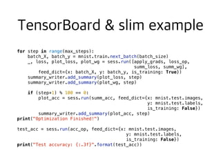 for step in range(max_steps):
batch_X, batch_y = mnist.train.next_batch(batch_size)
_, loss, plot_loss, plot_wg = sess.run([apply_grads, loss_op,
summ_loss, summ_wg],
feed_dict={x: batch_X, y: batch_y, is_training: True})
summary_writer.add_summary(plot_loss, step)
summary_writer.add_summary(plot_wg, step)
if (step+1) % 100 == 0:
plot_acc = sess.run(summ_acc, feed_dict={x: mnist.test.images,
y: mnist.test.labels,
is_training: False})
summary_writer.add_summary(plot_acc, step)
print("Optimization Finished!")
test_acc = sess.run(acc_op, feed_dict={x: mnist.test.images,
y: mnist.test.labels,
is_training: False})
print("Test accuracy: {:.3f}".format(test_acc))
 