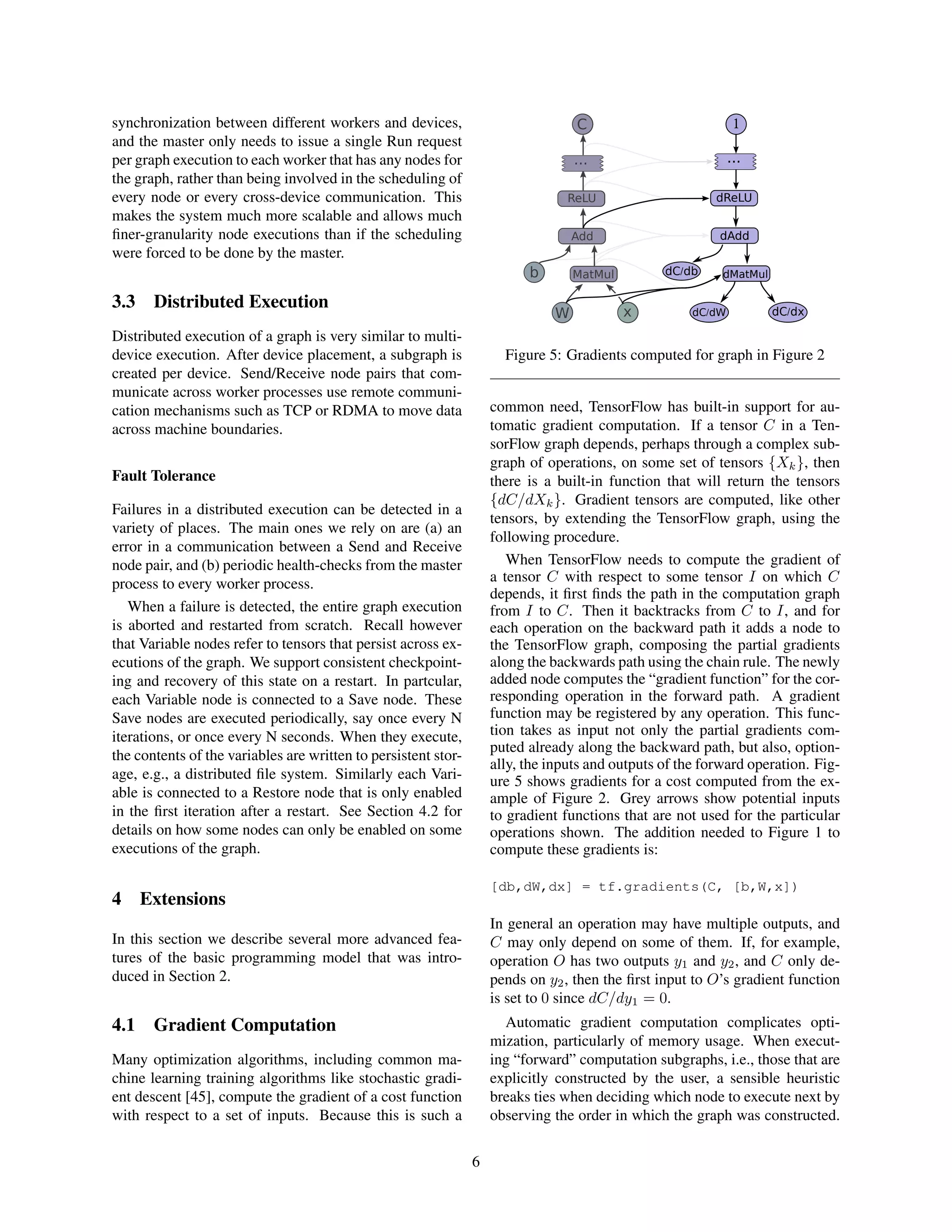 synchronization between different workers and devices,
and the master only needs to issue a single Run request
per graph execution to each worker that has any nodes for
the graph, rather than being involved in the scheduling of
every node or every cross-device communication. This
makes the system much more scalable and allows much
ﬁner-granularity node executions than if the scheduling
were forced to be done by the master.
3.3 Distributed Execution
Distributed execution of a graph is very similar to multi-
device execution. After device placement, a subgraph is
created per device. Send/Receive node pairs that com-
municate across worker processes use remote communi-
cation mechanisms such as TCP or RDMA to move data
across machine boundaries.
Fault Tolerance
Failures in a distributed execution can be detected in a
variety of places. The main ones we rely on are (a) an
error in a communication between a Send and Receive
node pair, and (b) periodic health-checks from the master
process to every worker process.
When a failure is detected, the entire graph execution
is aborted and restarted from scratch. Recall however
that Variable nodes refer to tensors that persist across ex-
ecutions of the graph. We support consistent checkpoint-
ing and recovery of this state on a restart. In partcular,
each Variable node is connected to a Save node. These
Save nodes are executed periodically, say once every N
iterations, or once every N seconds. When they execute,
the contents of the variables are written to persistent stor-
age, e.g., a distributed ﬁle system. Similarly each Vari-
able is connected to a Restore node that is only enabled
in the ﬁrst iteration after a restart. See Section 4.2 for
details on how some nodes can only be enabled on some
executions of the graph.
4 Extensions
In this section we describe several more advanced fea-
tures of the basic programming model that was intro-
duced in Section 2.
4.1 Gradient Computation
Many optimization algorithms, including common ma-
chine learning training algorithms like stochastic gradi-
ent descent [45], compute the gradient of a cost function
with respect to a set of inputs. Because this is such a
W
b
x
MatMul
Add
ReLU
...
C
W
b
x
MatMul
Add
ReLU
...
C
dC/dW
dMatMul
dAdd
dReLU
...
1
dC/db
dC/dx
Figure 5: Gradients computed for graph in Figure 2
common need, TensorFlow has built-in support for au-
tomatic gradient computation. If a tensor C in a Ten-
sorFlow graph depends, perhaps through a complex sub-
graph of operations, on some set of tensors {Xk}, then
there is a built-in function that will return the tensors
{dC/dXk}. Gradient tensors are computed, like other
tensors, by extending the TensorFlow graph, using the
following procedure.
When TensorFlow needs to compute the gradient of
a tensor C with respect to some tensor I on which C
depends, it ﬁrst ﬁnds the path in the computation graph
from I to C. Then it backtracks from C to I, and for
each operation on the backward path it adds a node to
the TensorFlow graph, composing the partial gradients
along the backwards path using the chain rule. The newly
added node computes the “gradient function” for the cor-
responding operation in the forward path. A gradient
function may be registered by any operation. This func-
tion takes as input not only the partial gradients com-
puted already along the backward path, but also, option-
ally, the inputs and outputs of the forward operation. Fig-
ure 5 shows gradients for a cost computed from the ex-
ample of Figure 2. Grey arrows show potential inputs
to gradient functions that are not used for the particular
operations shown. The addition needed to Figure 1 to
compute these gradients is:
[db,dW,dx] = tf.gradients(C, [b,W,x])
In general an operation may have multiple outputs, and
C may only depend on some of them. If, for example,
operation O has two outputs y1 and y2, and C only de-
pends on y2, then the ﬁrst input to O’s gradient function
is set to 0 since dC/dy1 = 0.
Automatic gradient computation complicates opti-
mization, particularly of memory usage. When execut-
ing “forward” computation subgraphs, i.e., those that are
explicitly constructed by the user, a sensible heuristic
breaks ties when deciding which node to execute next by
observing the order in which the graph was constructed.
6
 
