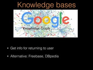 Knowledge bases
• Get info for returning to user
• Alternative: Freebase, DBpedia
 