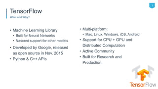 2
What and Why?
• Machine Learning Library
• Built for Neural Networks
• Nascent support for other models
• Developed by Google, released
as open source in Nov. 2015
• Python & C++ APIs
• Multi-platform:
• Mac, Linux, Windows, iOS, Android
• Support for CPU + GPU and
Distributed Computation
• Active Community
• Built for Research and
Production
TensorFlow
 