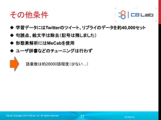 11
その他条件
 学習データにはTwitterのツイート、リプライのデータを約40,000セット
 句読点、絵文字は除去（記号は残しました）
 形態素解析にはMeCabを使用
 ユーザ辞書などのチューニングは行わず
2016/2/15
C8Lab Copyright 2014 C8Lab Inc. All rights reserved
語彙数は約28000語程度（少ない…）
 