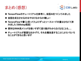 21
まとめ（感想）
 TensorFlowのチュートリアルを参考に、会話AIをつくってみました
 会話を成立させるのはやはりなかなか難しい
 TensroFlowで書くと思ってたよりずっとソースコードの量は少なくて済
みました（500step程度）
 便利なRNN系メソッドを使いすぎて返り値がわからなくなることも….
 チュートリアルが豊富なおかげで、それを魔改造することによりいろいろ
なことができると思います
2016/2/15
C8Lab Copyright 2014 C8Lab Inc. All rights reserved
 