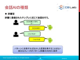 4
会話AIの種類
2016/2/15
C8Lab Copyright 2014 C8Lab Inc. All rights reserved
 辞書型
辞書に登録されたテンプレに応じて会話を行う。
○○を買ってきた
よ！
○○大好き！
こんにちは！
こんにちは
パターンに合致すればおかしな言葉を発することはない
話せるフレーズがパターン辞書の大きさに依存
 