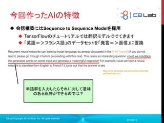9
今回作ったAIの特徴
 会話構築にはSequence to Sequence Modelを採用
 TensorFlowのチュートリアルでは翻訳モデルででてきます
 「英語＝＞フランス語」のデータセットを「発言＝＞返信」に置換
2016/2/15
C8Lab Copyright 2014 C8Lab Inc. All rights reserved
単語群を入力したらそれに対して意味
のある返答ができるのでは？
https://www.tensorflow.org/versions/0.6.0/tutorials/
seq2seq/index.html
 