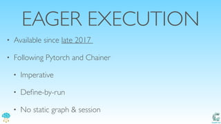 Catalit LLC
EAGER EXECUTION
• Available since late 2017
• Following Pytorch and Chainer
• Imperative
• Deﬁne-by-run
• No static graph & session
 