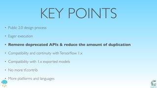 Catalit LLC
KEY POINTS
• Public 2.0 design process
• Eager execution
• Remove deprecated APIs & reduce the amount of duplication
• Compatibility and continuity withTensorﬂow 1.x
• Compatibility with 1.x exported models
• No more tf.contrib
• More platforms and languages
 