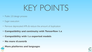 Catalit LLC
KEY POINTS
• Public 2.0 design process
• Eager execution
• Remove deprecated APIs & reduce the amount of duplication
• Compatibility and continuity with Tensorﬂow 1.x
• Compatibility with 1.x exported models
• No more tf.contrib
• More platforms and languages
 