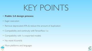 Catalit LLC
KEY POINTS
• Public 2.0 design process
• Eager execution
• Remove deprecated APIs & reduce the amount of duplication
• Compatibility and continuity withTensorﬂow 1.x
• Compatibility with 1.x exported models
• No more tf.contrib
• More platforms and languages
 