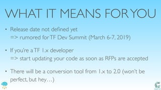 Catalit LLC
WHAT IT MEANS FORYOU
• Release date not deﬁned yet 
=> rumored forTF Dev Summit (March 6-7, 2019)
• If you’re aTF 1.x developer 
=> start updating your code as soon as RFPs are accepted
• There will be a conversion tool from 1.x to 2.0 (won’t be
perfect, but hey…)
 