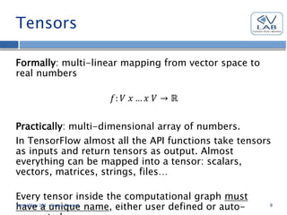 Tensors
Formally: multi-linear mapping from vector space to
real numbers
𝑓: 𝑉 𝑥 … 𝑥 𝑉 → ℝ
Practically: multi-dimensional array of numbers.
In TensorFlow almost all the API functions take tensors
as inputs and return tensors as output. Almost
everything can be mapped into a tensor: scalars,
vectors, matrices, strings, files…
Every tensor inside the computational graph must
have a unique name, either user defined or auto-TensorFlow 101 - Alessio Tonioni 8
 