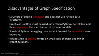 This presentation may contain copyrighted materials that have been used under the fair use provisions of copyright laws. Further use, duplication, or distribution is prohibited.
Source: TensorFlow Documentation
Disadvantages of Graph Specification
• Structure of code is unnatural and does not use Python data
structures.
• Graph control flow must be used rather than Python control flow and
this complicates the specification of dynamic models.
• Standard Python debugging tools cannot be used for immediate error
reporting.
• Not possible to quickly iterate on small code changes and minor
reconfigurations.
 