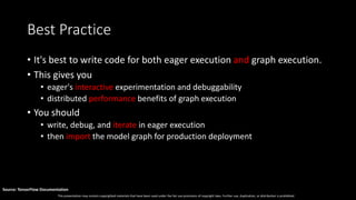 This presentation may contain copyrighted materials that have been used under the fair use provisions of copyright laws. Further use, duplication, or distribution is prohibited.
Source: TensorFlow Documentation
Best Practice
• It's best to write code for both eager execution and graph execution.
• This gives you
• eager's interactive experimentation and debuggability
• distributed performance benefits of graph execution
• You should
• write, debug, and iterate in eager execution
• then import the model graph for production deployment
 