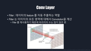 Conv Layer
• Filter : 데이터의 feature 를 자동 추출하는 역할
• Filter 는 이미지의 모든 영역에 대해서 Convolution을 계산
• Filter 를 재사용하기 때문에 파라미터 수는 많지 않은 편
https://datascience.stackexchange.com/questions/23183/why-convolutions-always-use-odd-numbers-as-filter-size
 