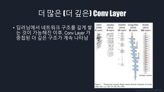 더 많은 (더 깊은) Conv Layer
• 딥러닝에서 네트워크 구조를 깊게 쌓
는 것이 가능해진 이후, Conv Layer 가
중첩된 더 깊은 구조가 계속 나타남
https://arxiv.org/abs/1709.01921
 